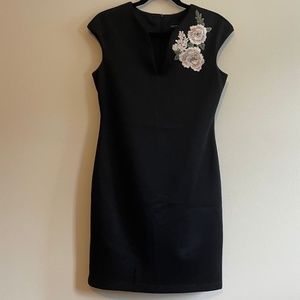 Elegant Little Black Dress, Deep V, Cap Sleeve, Floral, Cocktail - 4P